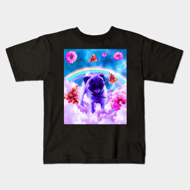 Rainbow Unicorn Pug In The Clouds In Space Kids T-Shirt by Random Galaxy